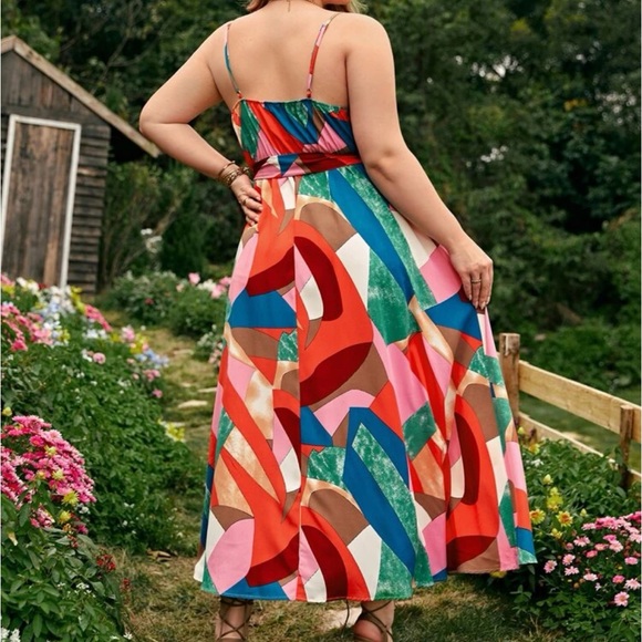 Boho Bohemian Plus Size Geo Abstract PatchWork Print Halter Ruffle Maxi Dress - Picture 2 of 6